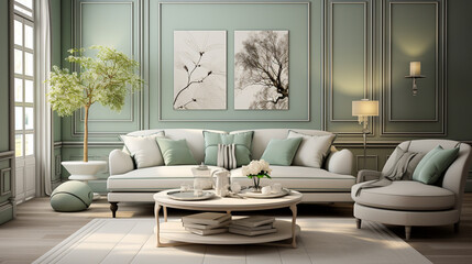 Fototapeta na wymiar sage green and white interior home
