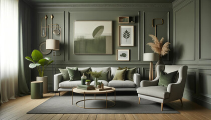 sophisticated living room featuring an interior design theme of olive green walls and decor, paired with gray furniture