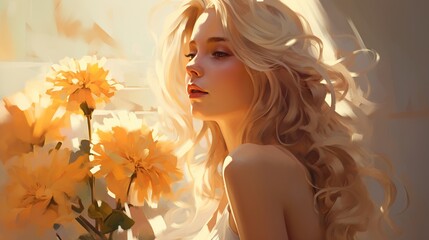 A pretty woman smelling flowers in a yellow field at summer. AI generated image