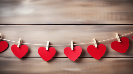 Happy Valentine's Day wedding birthday background banner panorama greeting - Red hearts hang on wooden clothes pegs on a string - Powered by Adobe