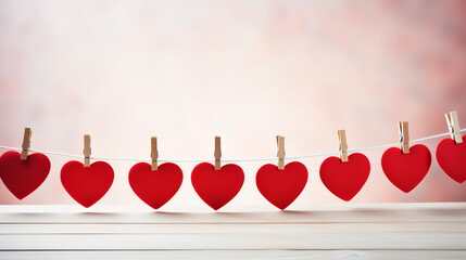 Happy Valentine's Day wedding birthday background banner panorama greeting - Red hearts hang on wooden clothes pegs on a string - Powered by Adobe