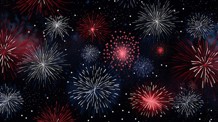 Fototapeta na wymiar Independence Day 4th of July USA - Red blue white firework banner, sylvester new year's eve, new year fireworks isolated on black night sky texture