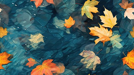 a group of leaves floating on top of a body of water with drops of water in the middle of them.  generative ai