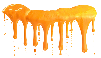orange juice and paint falling or melting with orange splashes and droplets, side and top view. Isolated on a transparent background. PNG cutout or clipping path.
