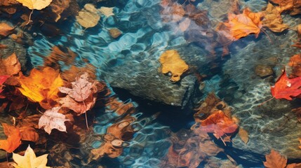 Naklejka na ściany i meble a group of leaves floating on top of a lake next to a rocky cliff with a blue sky in the background. generative ai