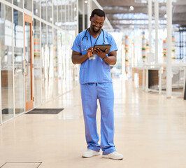 Tablet, doctors and happy black man reading healthcare results, clinic feedback or medicine report,...