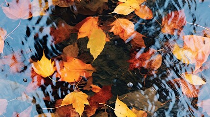  a group of leaves floating on top of a body of water next to a forest filled with green, yellow, red and orange leaves.  generative ai