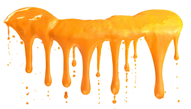 orange juice and paint falling or melting with orange splashes and droplets, side and top view. Isolated on a transparent background. PNG cutout or clipping path.