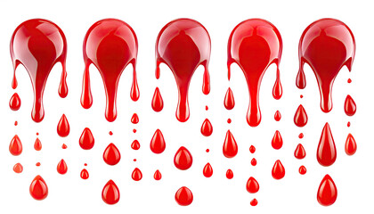 red blood, ketchup drops, splashes, or sprays; ink, paint, or oil droplets; red and reflective top and side view ketchup. Isolated on a transparent background. PNG cutout or clipping 