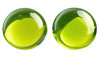green oil droplets, clear and transparent liquid drops, juice bubbles, and round smears, isolated on a transparent background. PNG cutout or clipping path.	
