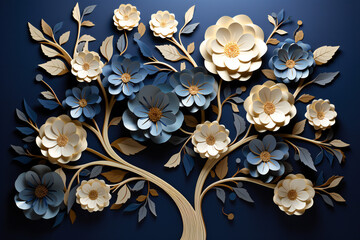 Golden tree with blue and beige flowers on a blue background,ai generated