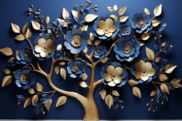 Golden tree with blue and beige flowers on a blue background,ai generated