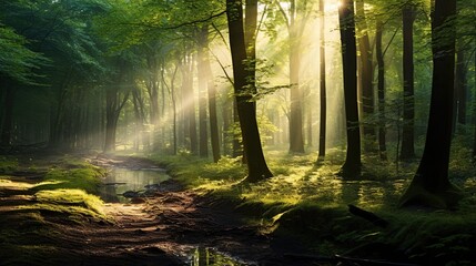 Wooden forest trees on golden sunlight. AI generated image