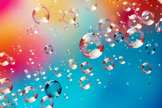 Water bubbles in flight,colorful background,ai generated