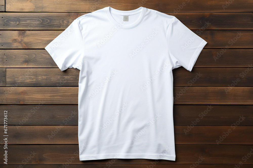 Wall mural Stylish white mens T-shirt on a wooden background,ai generated