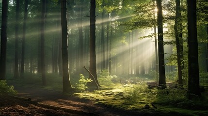 Naklejka premium Wooden forest trees on golden sunlight. AI generated image
