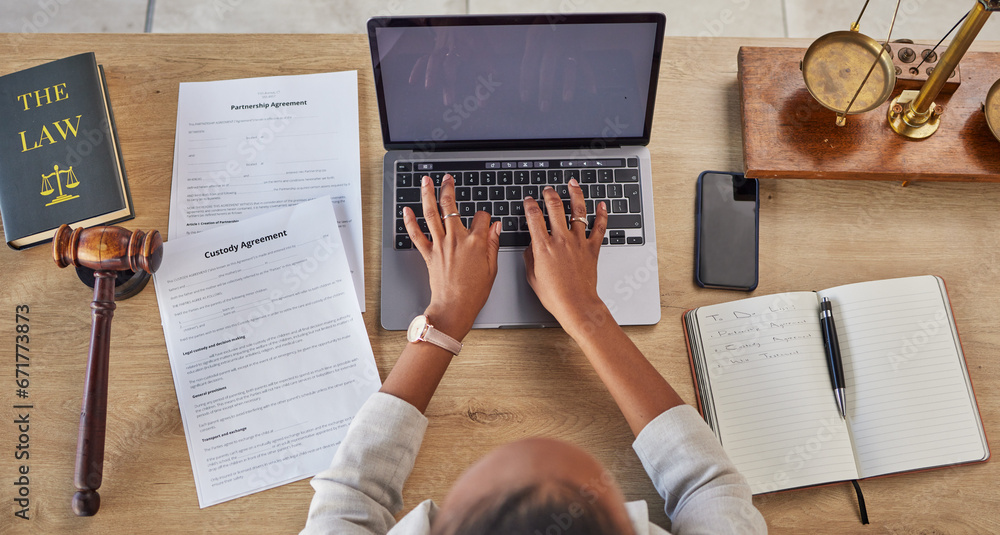 Poster lawyer, working hands and custody agreement typing with attorney case and notes in a office. desk, t
