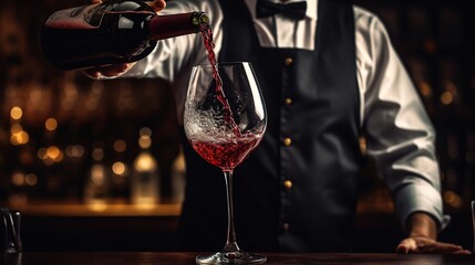 Portrait waiter pouring red wine into wineglass dark background. AI generated image - obrazy, fototapety, plakaty