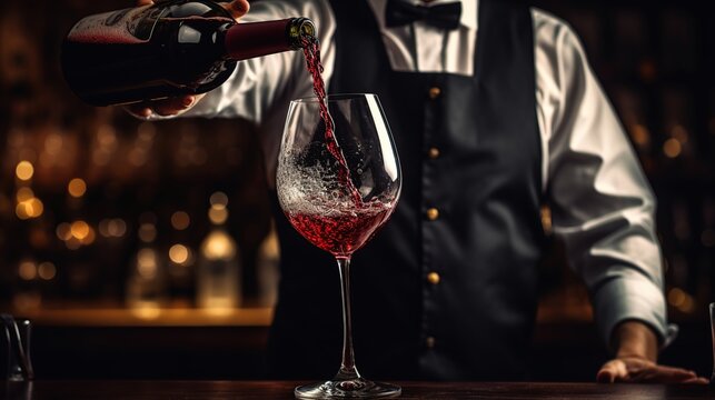 Portrait waiter pouring red wine into wineglass dark background. AI generated image