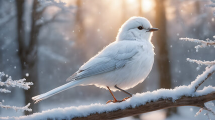 little white bird on a snow branch in a winter snow landscape