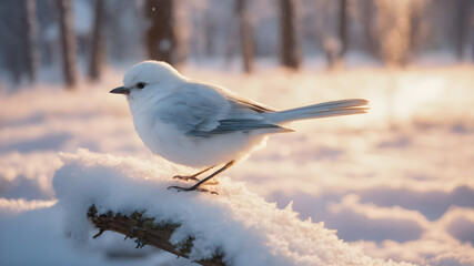 little white bird on a snow branch in a winter snow landscape