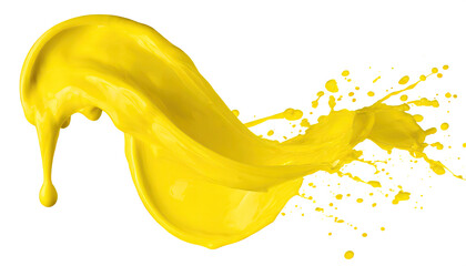 yellow juice and paint falling or melting with orange splashes and droplets, side and top view. Isolated on a transparent background. PNG cutout or clipping path.