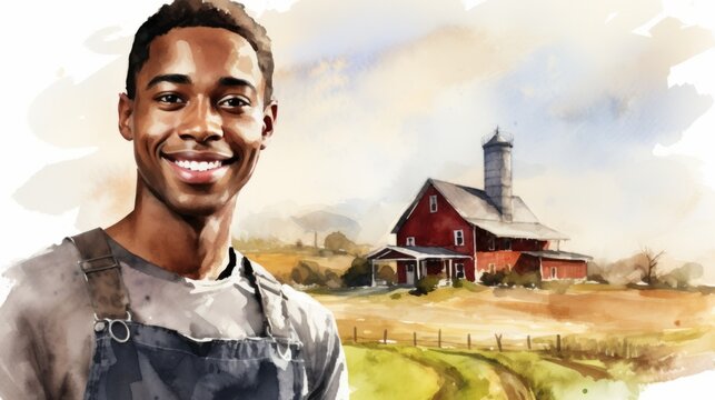 Smiling Teen Black Man with Brown Straight Hair Watercolor Illustration. Portrait of a Farmer on rural area background. Creative Drawing. Ai Generated Horizontal Illustration.
