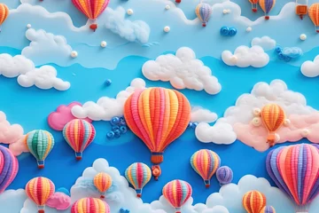 Fotobehang Feutrage abstrait broderie pour enfants imprimé ballons colorés aéronautes dans un paysage de couleurs vives, ciel bleu sur fond de nuages mignons dégradés. IA générative, IA © Merilno