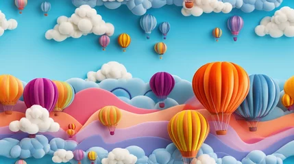 Crédence de cuisine en verre imprimé Montgolfière Feutrage abstrait broderie pour enfants imprimé ballons colorés aéronautes dans un paysage de couleurs vives, ciel bleu sur fond de nuages mignons dégradés. IA générative, IA