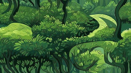  a painting of a lush green forest with a winding path in the middle of the forest, with lots of trees on either side of the path.  generative ai