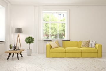 Contemporary classic white interior with furniture and decor and summer landscape in window. Scandinavian interior design. 3D illustration