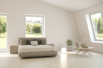 White bedroom concept. Scandinavian interior design. 3D illustration