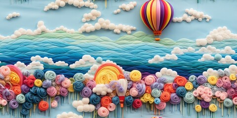 Feutrage abstrait broderie pour enfants imprimé ballons colorés aéronautes dans un paysage de couleurs vives, ciel bleu sur fond de nuages mignons dégradés. IA générative, IA - obrazy, fototapety, plakaty