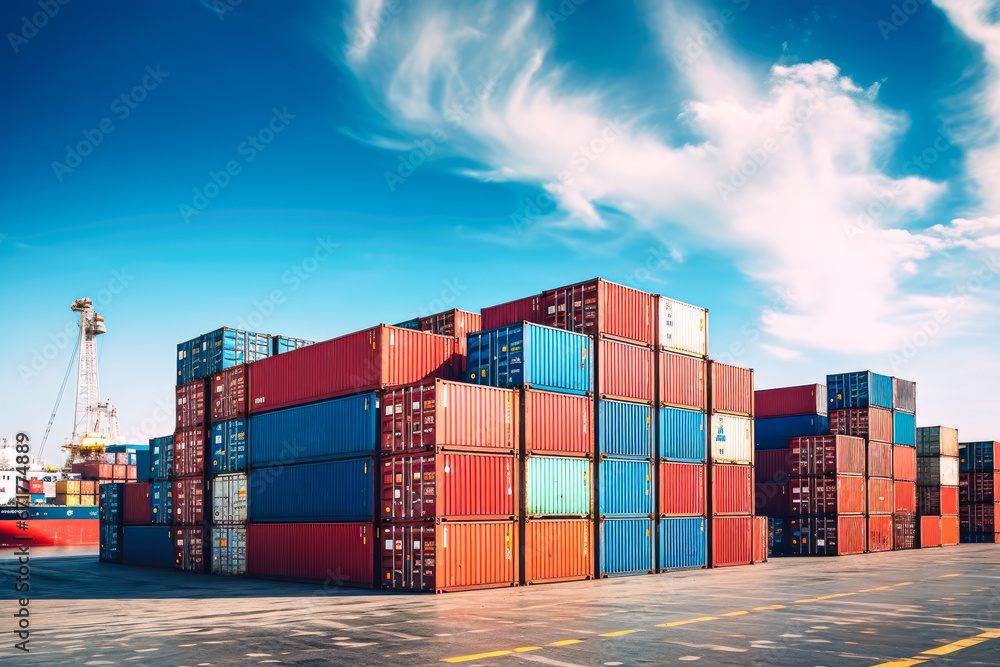 Poster containers at the docks for logistic import export business background.