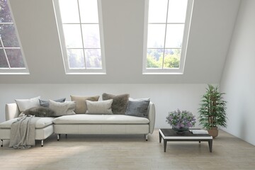 White scandinavian interior design with sofa. 3D illustration
