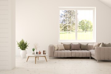 Fototapeta na wymiar White living room with sofa and summer landscape in window. Scandinavian interior design. 3D illustration