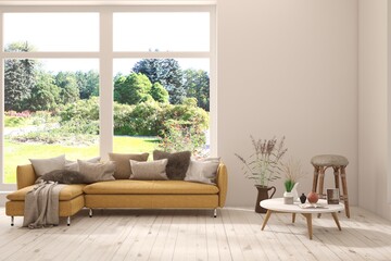 Contemporary classic white interior with furniture and decor and summer landscape in window. Scandinavian interior design. 3D illustration