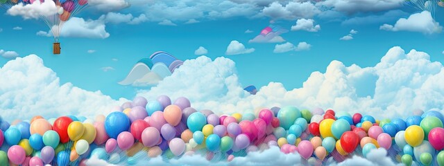 Feutrage abstrait broderie pour enfants imprimé ballons colorés aéronautes dans un paysage de couleurs vives, ciel bleu sur fond de nuages mignons dégradés. IA générative, IA - obrazy, fototapety, plakaty