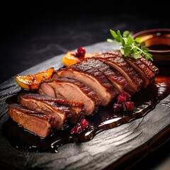 Roast duck with redcurrants and sauce. 