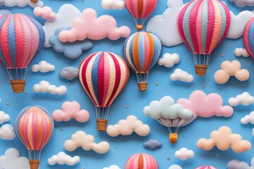Fototapeta na wymiar Feutrage abstrait broderie pour enfants imprimé ballons colorés aéronautes dans un paysage de couleurs vives, ciel bleu sur fond de nuages mignons dégradés. IA générative, IA