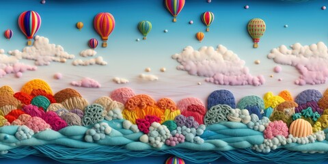 Fototapeta na wymiar Feutrage abstrait broderie pour enfants imprimé ballons colorés aéronautes dans un paysage de couleurs vives, ciel bleu sur fond de nuages mignons dégradés. IA générative, IA