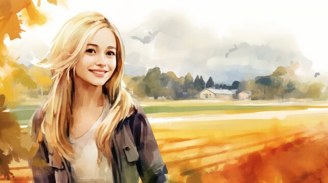 Smiling Teen Chinese Woman with Blond Straight Hair Watercolor Illustration. Portrait of a Farmer on rural area background. Creative Drawing. Ai Generated Horizontal Illustration.