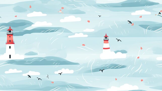  a painting of a lighthouse in the middle of the ocean with seagulls flying around and birds flying around.  generative ai