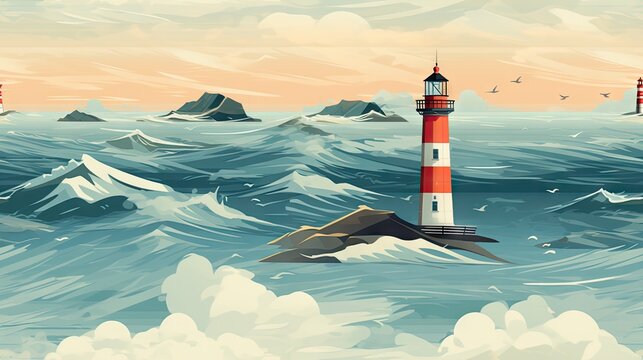  a painting of a lighthouse in the middle of a large body of water with birds flying over the top of it.  generative ai