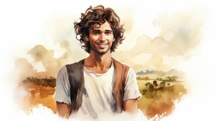 Smiling Teen Indian Man with Brown Curly Hair Watercolor Illustration. Portrait of a Farmer on rural area background. Creative Drawing. Ai Generated Horizontal Illustration.
