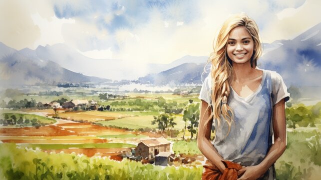 Smiling Teen Indian Woman with Blond Straight Hair Watercolor Illustration. Portrait of a Farmer on rural area background. Creative Drawing. Ai Generated Horizontal Illustration.