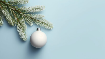 Silver Christmas baubles delicately hanging among frost-kissed spruce branches and pinecones, set...
