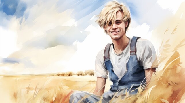Smiling Teen White Man with Blond Straight Hair Watercolor Illustration. Portrait of a Farmer on rural area background. Creative Drawing. Ai Generated Horizontal Illustration.