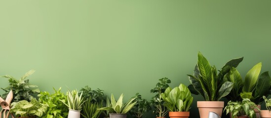 Colorful background with a frame for mock up featuring gardening tools and a houseplant There is also ample copy space available