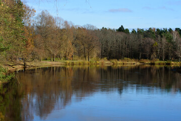.river bend in autumn on a sunny day with trees in the distance